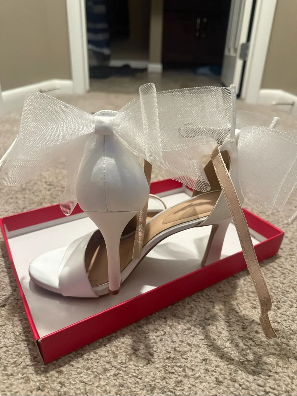 Kelly & Katie White Satin Ankle-Tie Heels with Tulle Bows